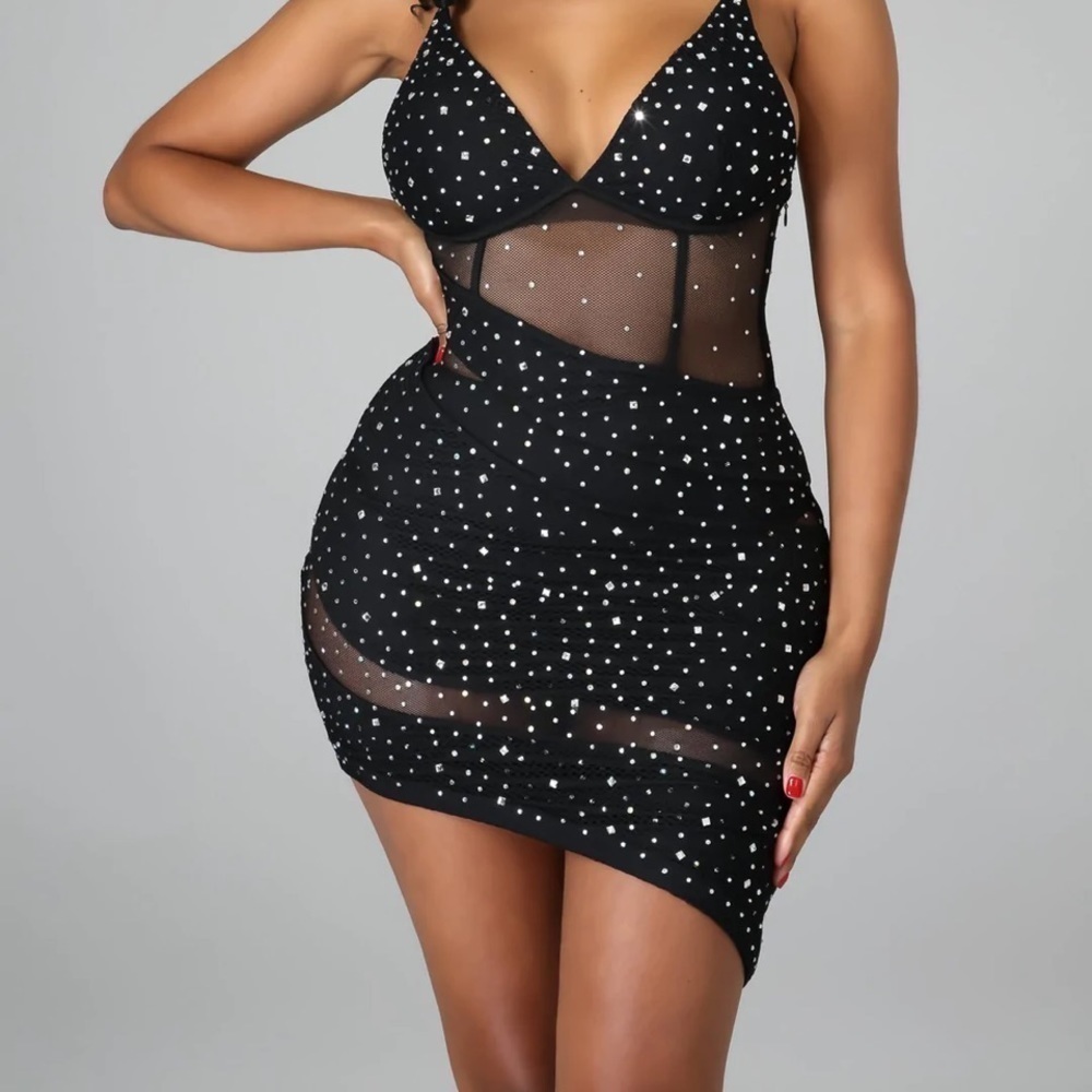 Black Mini Asymmetric Mesh rhinestone detail dress
